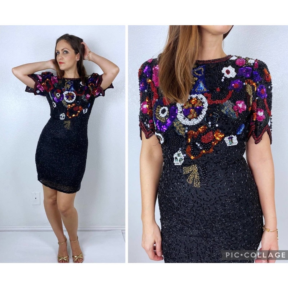 vintage 80s blk Open Back COLORFUL BEADED Party DRESS Small sequin cocktail nye